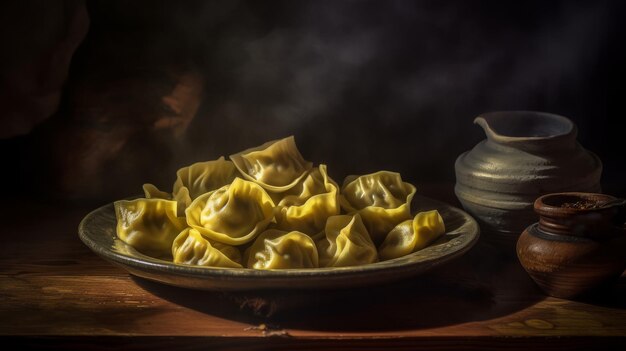dumplings chinos al vapor rellenados con carne en un fondo oscuro comida asiática