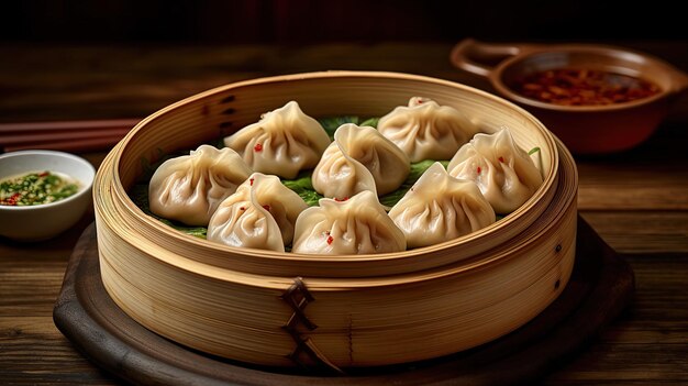 Los dumplings chinos tradicionales se sirven en el vapor de bambú de madera sobre una mesa de madera cruda.