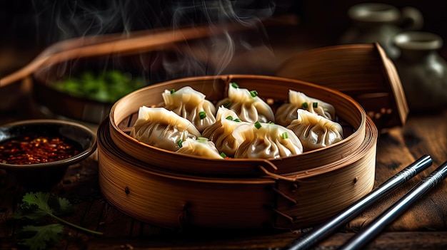 Los dumplings chinos tradicionales se sirven en el vapor de bambú de madera sobre una mesa de madera cruda.