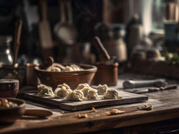 Dumplings en una cocina rústica Fotografía de comida