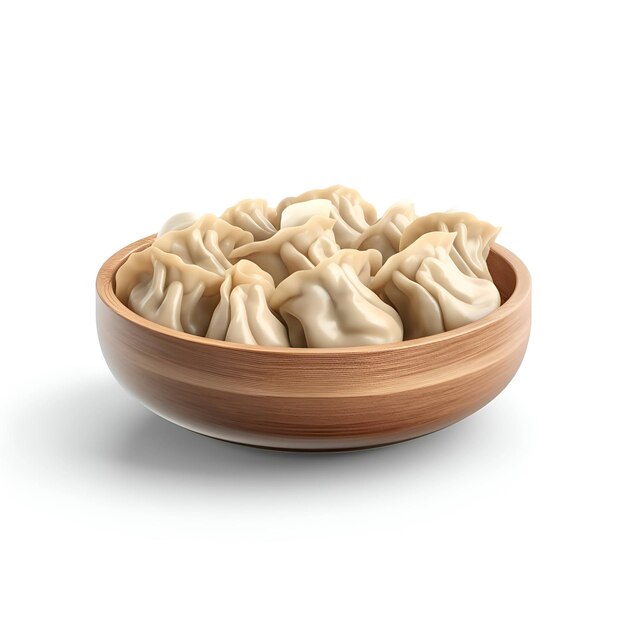 Dumplings en cuenco de madera aislados en fondo blanco Ilustración 3D