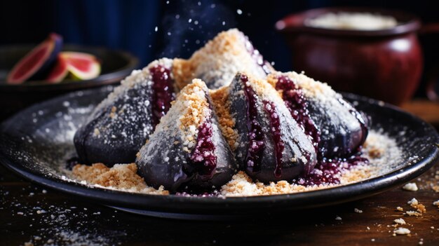 Foto dumplings damson asados en mantequilla con migas de pan