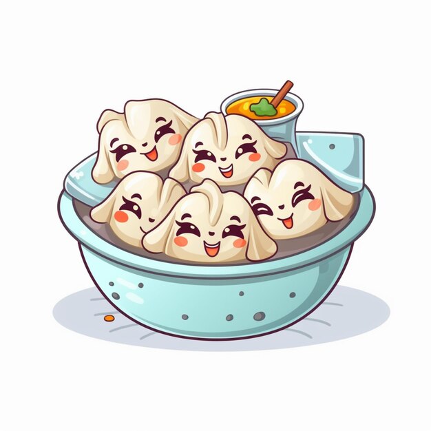 Dumplings de dibujos animados en un tazón con salsa y cuchara generativa ai