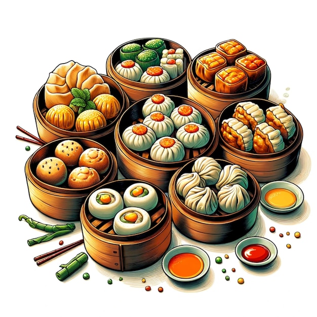 dumplings diseño típico de comida china ilustración fondo blanco