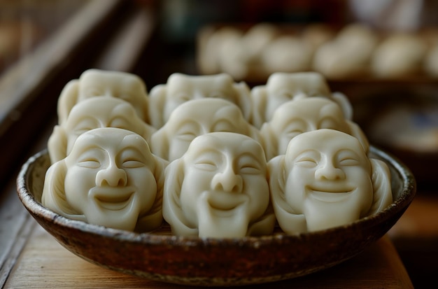 Dumplings en forma de cara en un cuenco