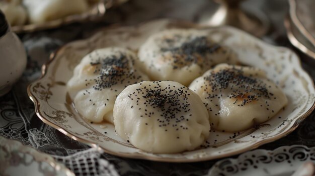 Dumplings salpicados con semillas de sésamo negro en un plato de porcelana vintage