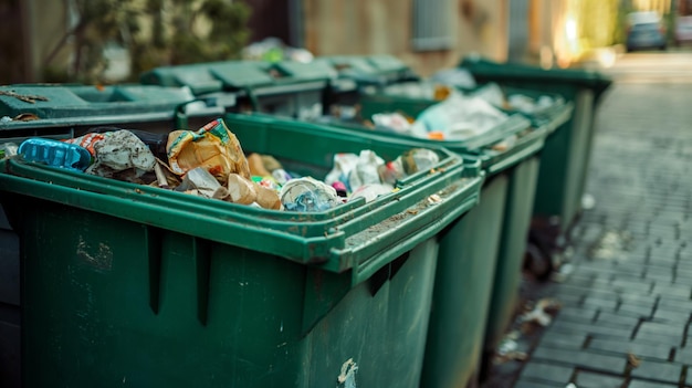 Foto dumpsters full of garbage green plastic trash can problem of garbage collection