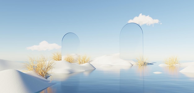 Duna abstracta en el paisaje de la temporada de invierno con arco geométrico Fondo de la tierra de los sueños hermosos surrealistas Escena de la isla Relax y Clam con agua y cielo despejado natural Arco de espejo metálico 3d render