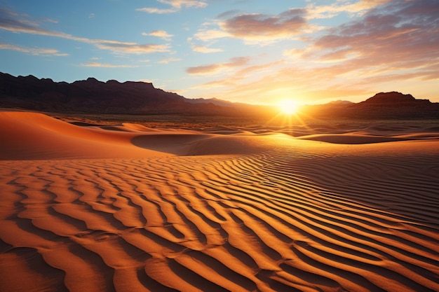 Foto las dunas del amanecer son una silueta distante en el desierto. imagen del paisaje del amanecer.