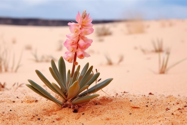 Foto en las dunas de arena de color rosa coral, una flor silvestre dorada llamada mule ears está floreciendo. estas flores son vívidas...