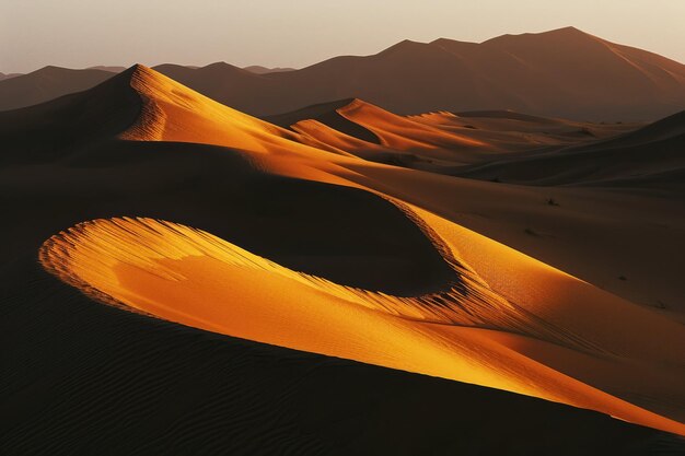 Dunas de arena doradas al atardecer con la interacción de la luz y las sombras creando un dramático paisaje desértico