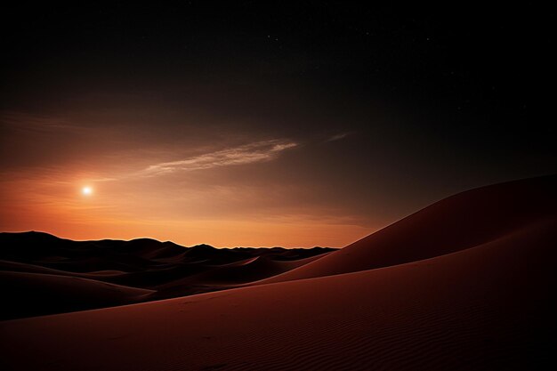 Las dunas de arena de la luna del desierto por la noche