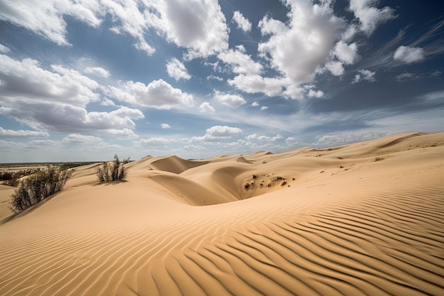 Dunas de arena en movimiento con nubes y cielo de fondo