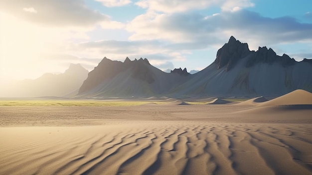 Dunas de arena en el Stokksnes en la costa sureste de Islandia con la montaña Vestrahorn Batman