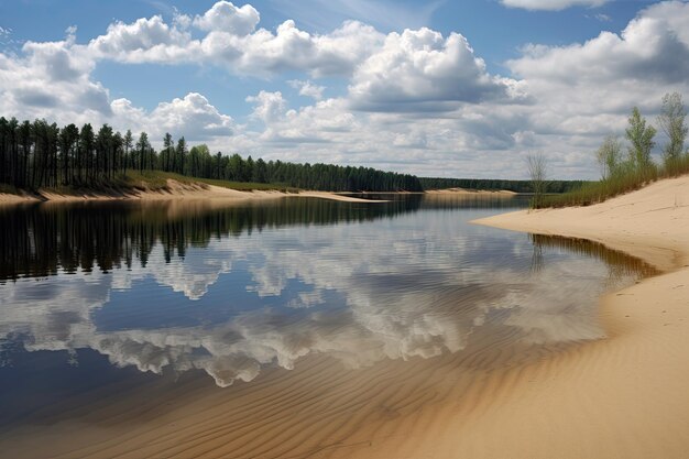 Dunas de areia ao redor de um lago tranquilo com reflexos do céu e nuvens na água