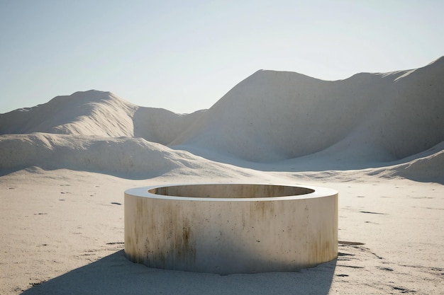 Dunas de areia branca com um pódio redondo de pedra no meio