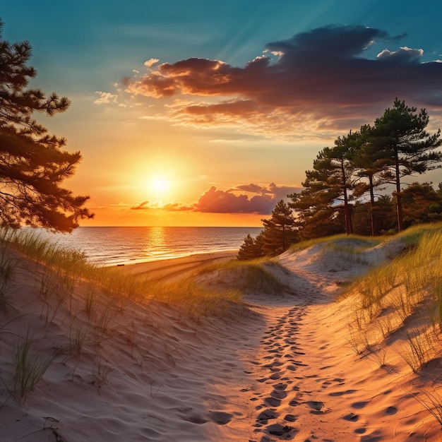 dunas de areia na praia do Báltico pôr-do-sol na praia pinheiros reflexo do sol na água