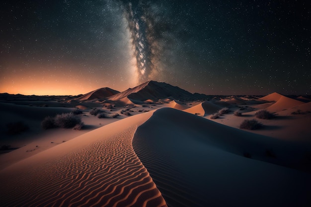 Dunas de areia sob o céu estrelado da noite Linda paisagem do deserto