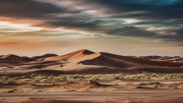 Foto dunas de areia solitárias em um vento forte sob o céu contra o fundo do deserto árido