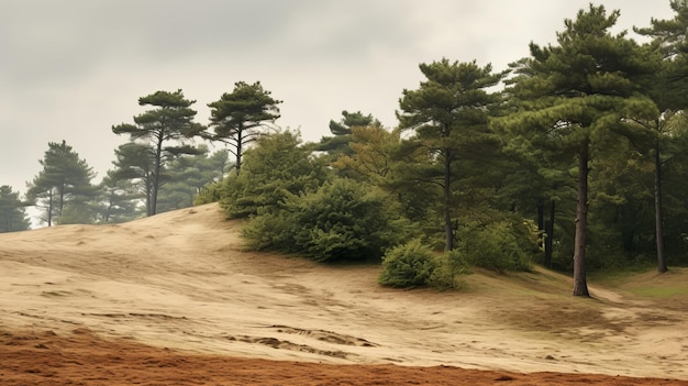 Dunas de areia vermelha com árvores de folha caduca e abetos uma paisagem gótica nebulosa