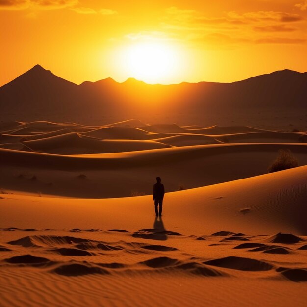 Foto dunas del desierto al atardecer mujer caminando por las dunas de arena del desierto del sáhara