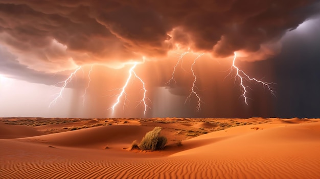 dunas del desierto pasando tormenta con relámpagos