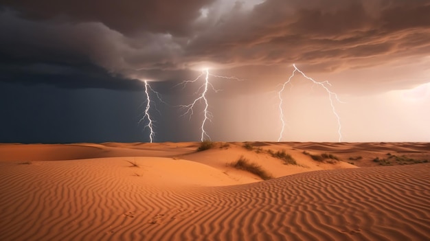 dunas del desierto pasando tormenta con relámpagos