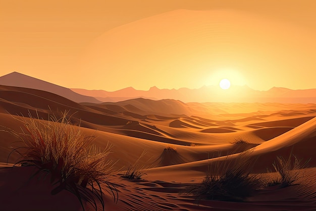 Dunas del desierto con el sol dorado del amanecer asomándose por el horizonte