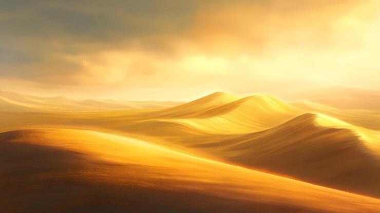 Las dunas doradas del desierto bajo un cielo nublado al atardecer