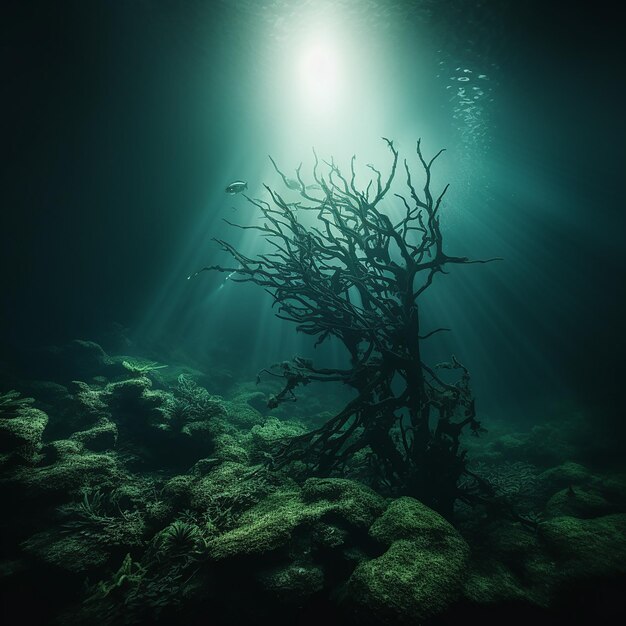 Foto dunkel mysteriöses unterwasser-baumtier im wald ki-generierte illustration