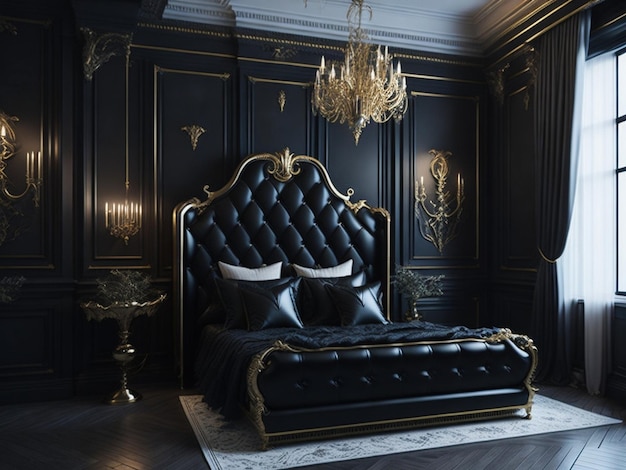 Foto dunkel-schwarzes schlafzimmer-design golden