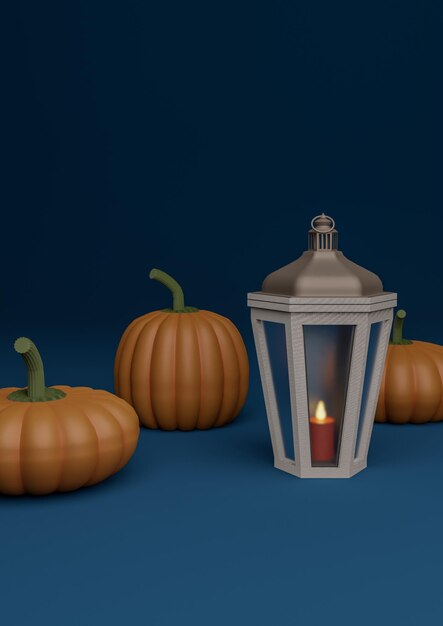 Dunkelblaue 3D-Illustration Herbst Herbst Halloween-Themen-Produktanzeige Podium Stand Hintergrund oder Tapete mit Kürbissen und Laterne mit Kerze im Inneren vertikale Produktfotografie