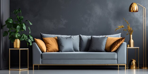 Foto dunkelblaue couch grau sessel goldene akzente im wohnzimmer echtes foto