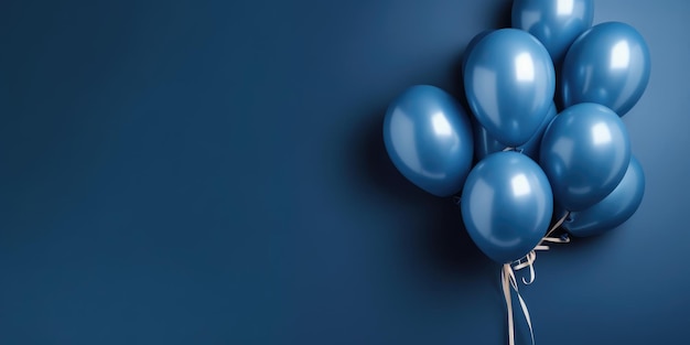 Dunkelblaue Luftballons auf blauem Hintergrund mit Platz für Text. Das Banner ist dunkelblau und generativ