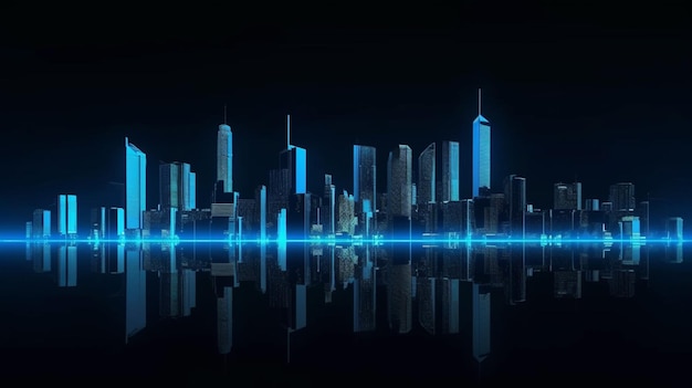Dunkelblaue Skyline mit reflektierendem futuristischen Hintergrund generativer KI