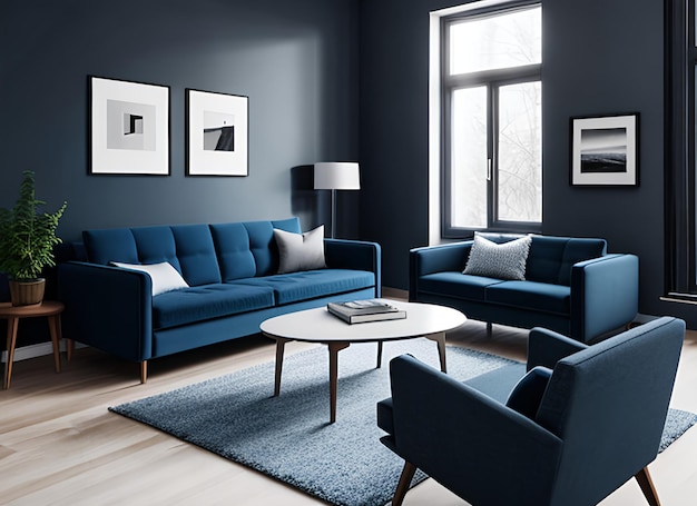 Dunkelblaues Sofa und Liegestuhl in einer skandinavischen Wohnung Innenarchitektur eines modernen Wohnzimmers