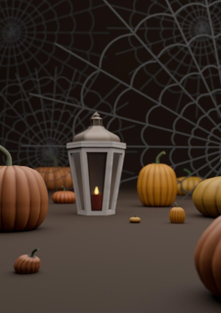 Dunkelbraune 3D-Illustration Herbst Herbst Halloween-Themen-Produktanzeige Podium Stand Hintergrund oder Tapete mit Kürbissen Spinnweben und Laterne mit Kerze Fotografie horizontal xA