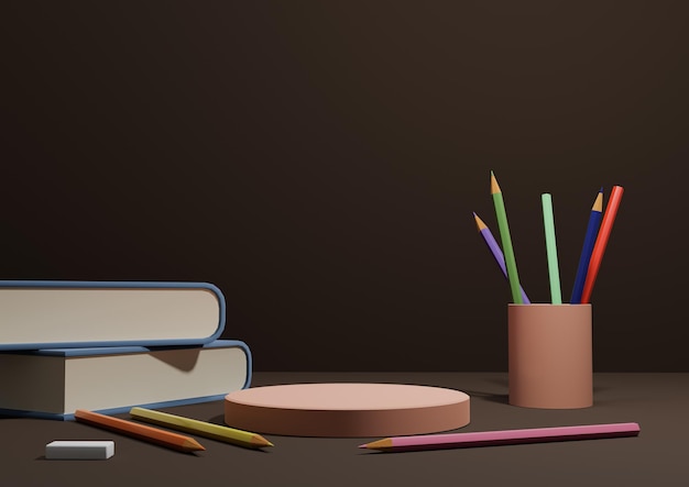 Dunkelbraune 3D-Illustration zurück zum Schulprodukt-Podium auf der Seite mit Bleistiften und Buh