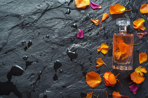 Dunkelfeuchte Steinblumen und orangefarbene Parfümflasche