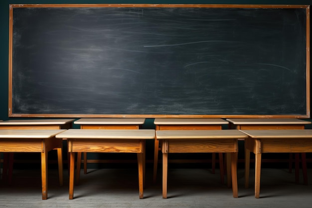 Dunkelgraue große Tafel und Holztischhintergrund zurück zur Schule Generative KI