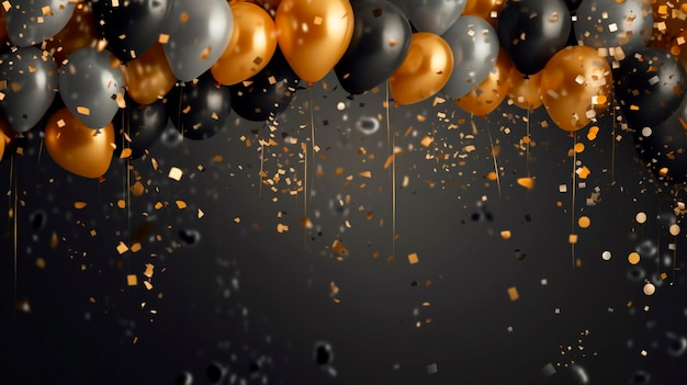 Dunkelgrauer und goldener Jubiläumshintergrund mit fallendem Konfetti und Lichteffekten. Generative KI