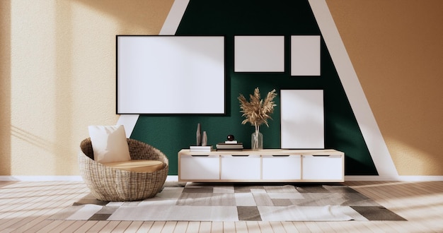 Dunkelgrüne und braune Wand im Wohnzimmer zweifarbiges Design3D-Rendering
