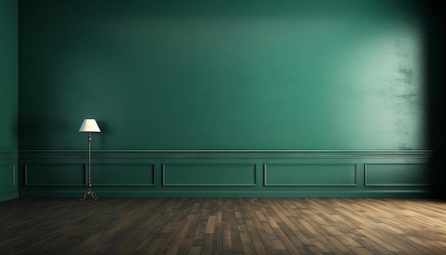 Dunkelgrüne Wand, leerer Raum mit Holzboden, 3D-Rendering