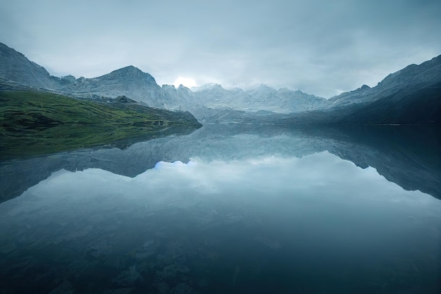 Dunkelgrüner Bergsee, versteckt zwischen grünen Hügeln und Fjells