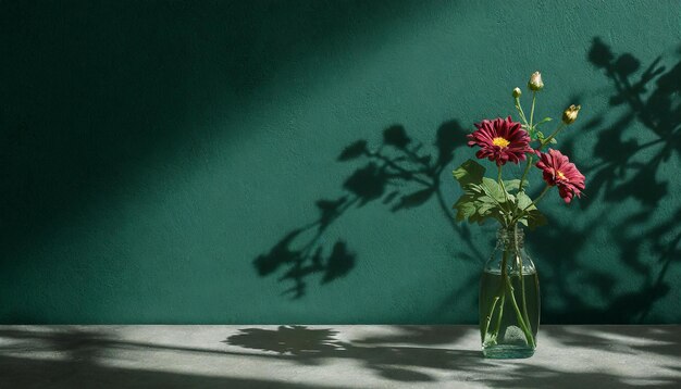 Dunkelgrüner Wandschatten-Hintergrund mit Blumendekoration