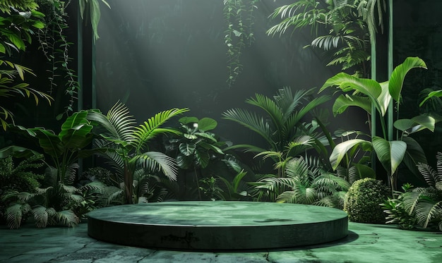 Dunkelgrünes Podium im tropischen Wald für die Produktpräsentation und grüner Hintergrund