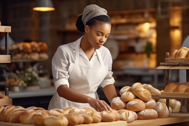 Dunkelhäutige Bäckerin macht Brot in einer Bäckerei