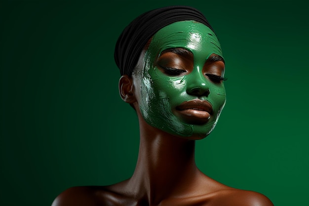 Dunkelhäutige Frau steht, kümmert sich um die Gesichtshaut, trägt eine nahrhafte Lehmmaske, isoliert auf grünem Hintergrund
