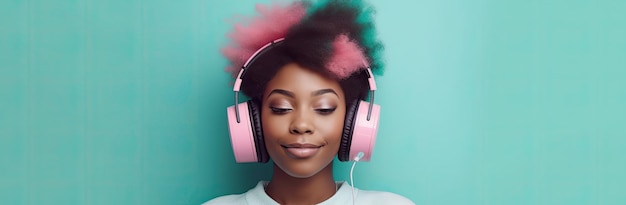 Dunkelhäutiges Mädchen mit lockiger Frisur und rosa Kopfhörern auf türkisfarbenem Hintergrund