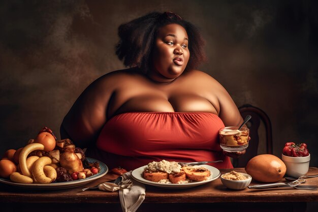 Dunkelhäutiges Plus-Size-Mädchen und viel Essen, generiert durch ein neuronales Netzwerk